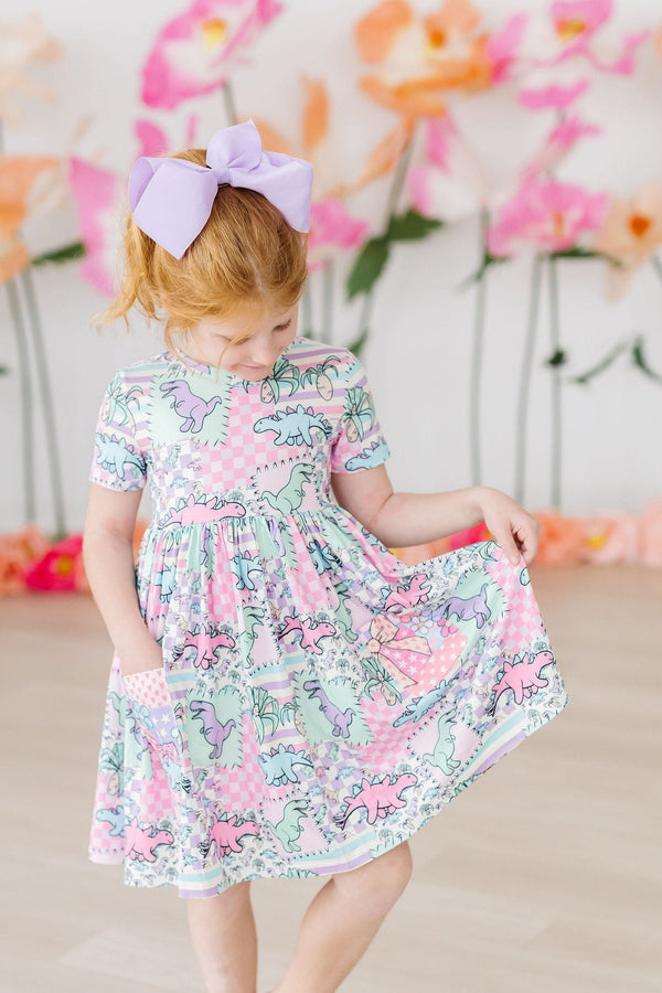 quilted-dinos-s-s-pocket-twirl-dress Mila &  Rose - Sophia's Style-Quilted Dinos S/S Pocket Twirl Dress-6-12M--1